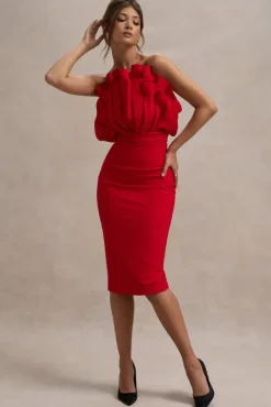 Oria | Red Ruffled Strapless Midi Dress