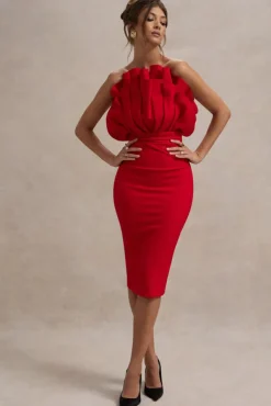 Oria | Red Ruffled Strapless Midi Dress