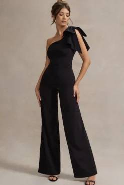 Orilla | Black One-Shoulder Wide-Leg Jumpsuit With Bow