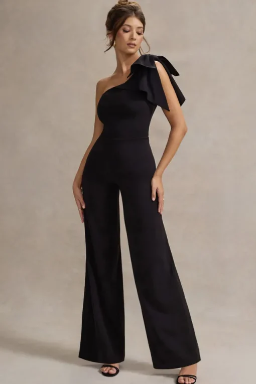 Orilla | Black One-Shoulder Wide-Leg Jumpsuit With Bow