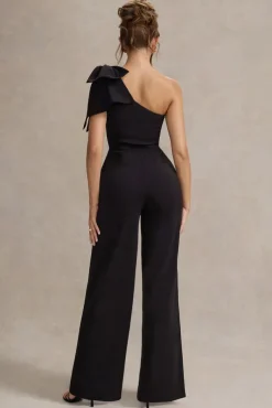 Orilla | Black One-Shoulder Wide-Leg Jumpsuit With Bow