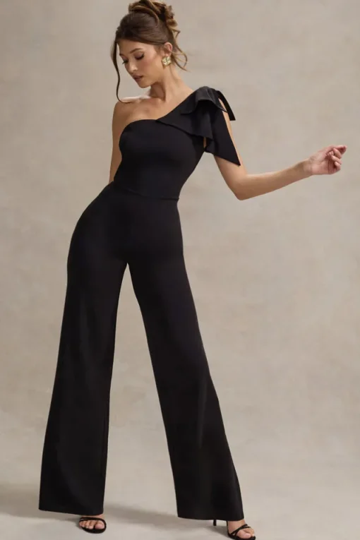 Orilla | Black One-Shoulder Wide-Leg Jumpsuit With Bow