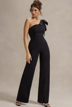Orilla | Black One-Shoulder Wide-Leg Jumpsuit With Bow