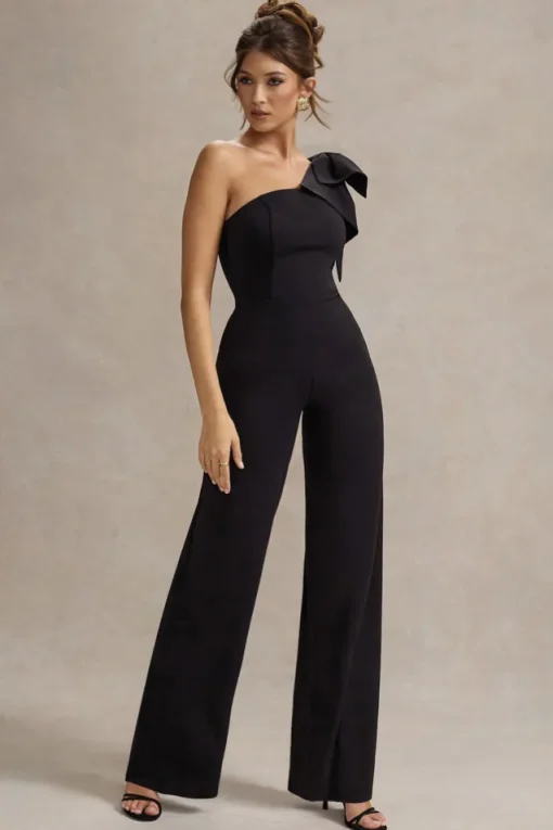 Orilla | Black One-Shoulder Wide-Leg Jumpsuit With Bow