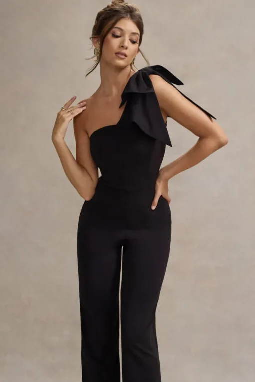 Orilla | Black One-Shoulder Wide-Leg Jumpsuit With Bow