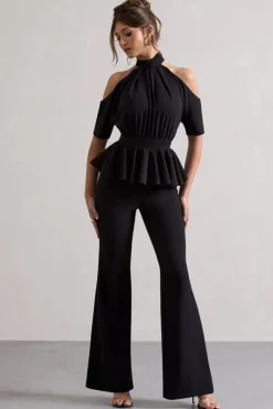 Osbourne | Black High-Neck Cut-Out Jumpsuit With Peplum Waist