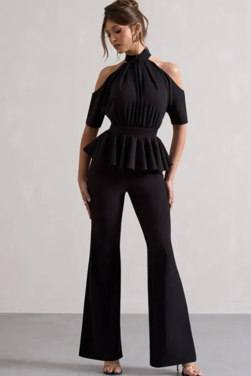 Osbourne | Black High-Neck Cut-Out Jumpsuit With Peplum Waist