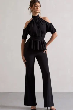 Osbourne | Black High-Neck Cut-Out Jumpsuit With Peplum Waist
