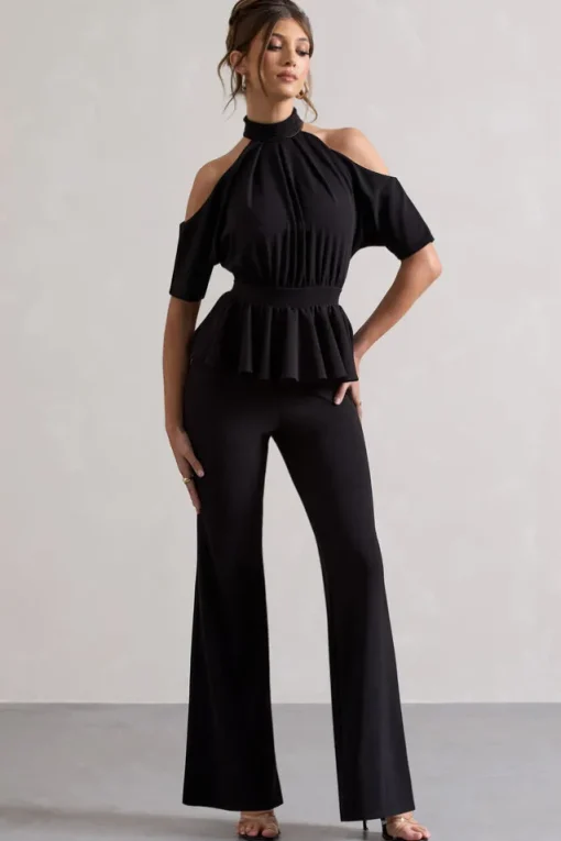 Osbourne | Black High-Neck Cut-Out Jumpsuit With Peplum Waist