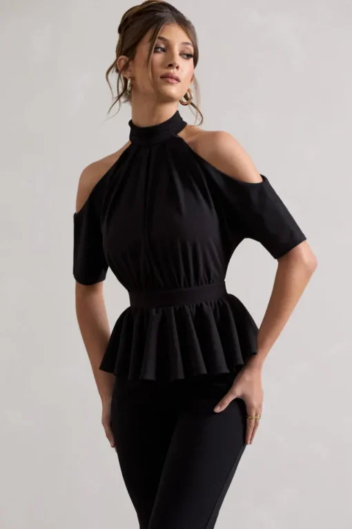 Osbourne | Black High-Neck Cut-Out Jumpsuit With Peplum Waist