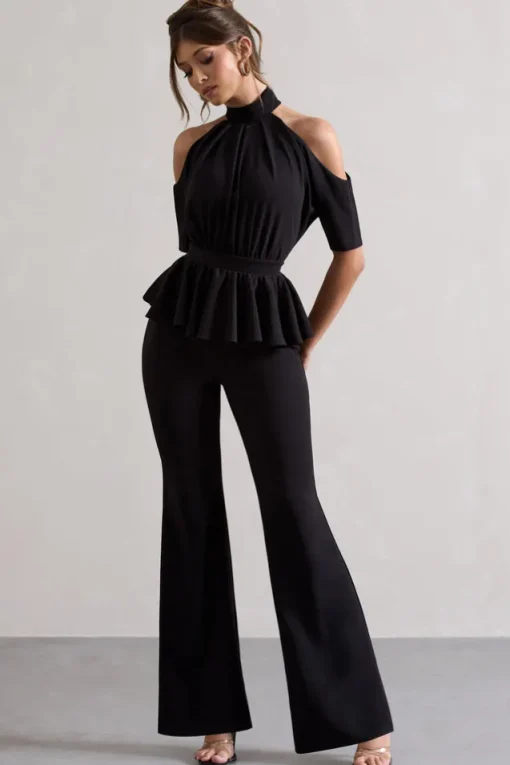 Osbourne | Black High-Neck Cut-Out Jumpsuit With Peplum Waist