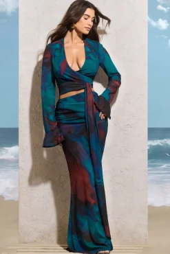 Out Of Bounds | Blue Print Chiffon Split Maxi Skirt
