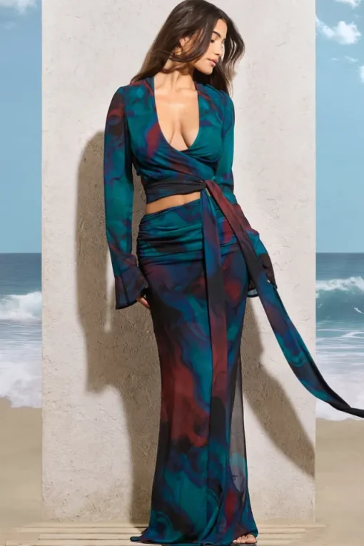 Out Of Bounds | Blue Print Chiffon Split Maxi Skirt