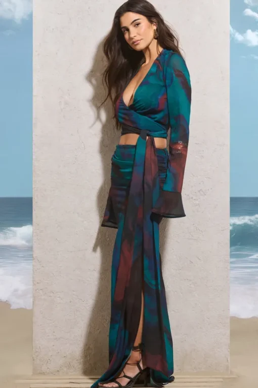 Out Of Bounds | Blue Print Chiffon Split Maxi Skirt