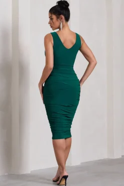 Out Of Love | Bottle Green Ruched Bodycon Plunge-Neck Midi Dress
