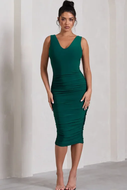 Out Of Love | Bottle Green Ruched Bodycon Plunge-Neck Midi Dress