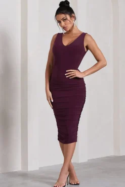 Out Of Love | Plum Ruched Bodycon Plunge-Neck Midi Dress