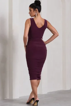 Out Of Love | Plum Ruched Bodycon Plunge-Neck Midi Dress