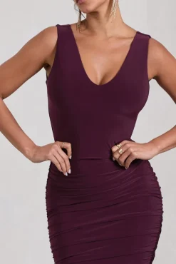 Out Of Love | Plum Ruched Bodycon Plunge-Neck Midi Dress