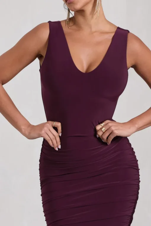 Out Of Love | Plum Ruched Bodycon Plunge-Neck Midi Dress