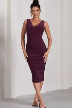Out Of Love | Plum Ruched Bodycon Plunge-Neck Midi Dress