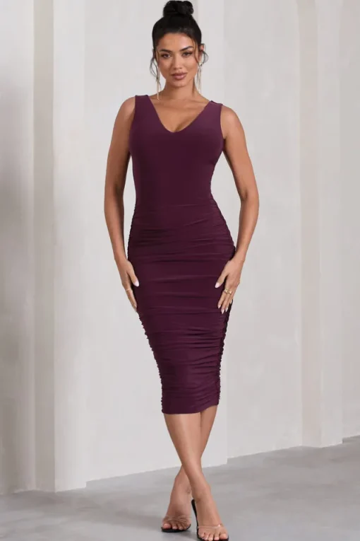 Out Of Love | Plum Ruched Bodycon Plunge-Neck Midi Dress