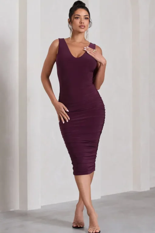 Out Of Love | Plum Ruched Bodycon Plunge-Neck Midi Dress