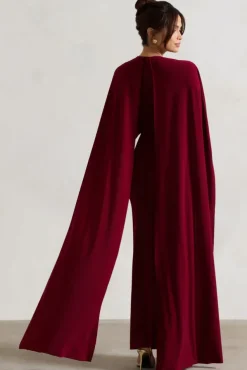 Padma | Berry Draped Maxi Dress With Cape Sleeves