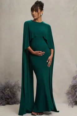 Padma | Bottle Green Draped Maternity Maxi Dress With Cape Sleeves