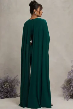 Padma | Bottle Green Draped Maternity Maxi Dress With Cape Sleeves