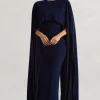Padma | Navy Draped Maxi Dress With Cape Sleeves