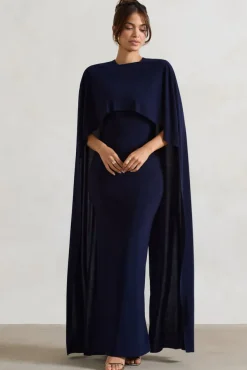 Padma | Navy Draped Maxi Dress With Cape Sleeves