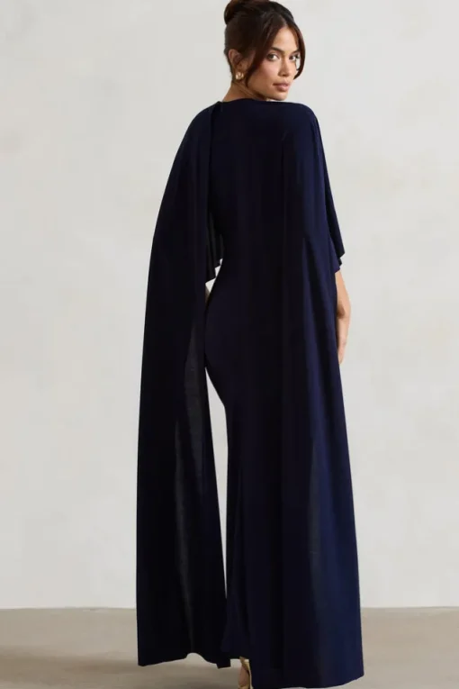 Padma | Navy Draped Maxi Dress With Cape Sleeves
