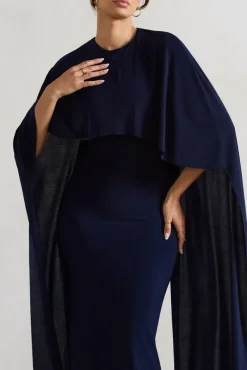 Padma | Navy Draped Maxi Dress With Cape Sleeves