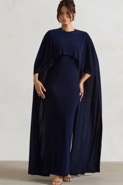 Padma | Navy Draped Maxi Dress With Cape Sleeves