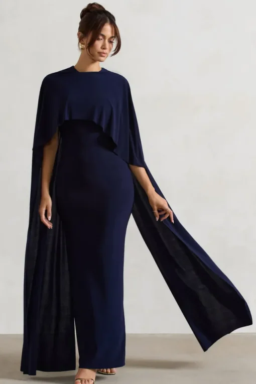 Padma | Navy Draped Maxi Dress With Cape Sleeves