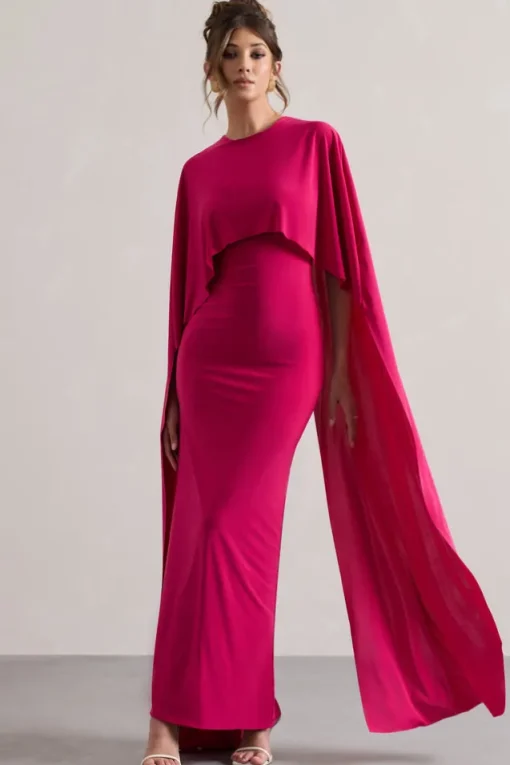Padma | Pink Draped Maxi Dress With Cape Sleeves