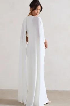Padma | White Draped Maxi Dress With Cape Sleeves