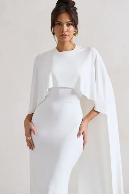 Padma | White Draped Maxi Dress With Cape Sleeves
