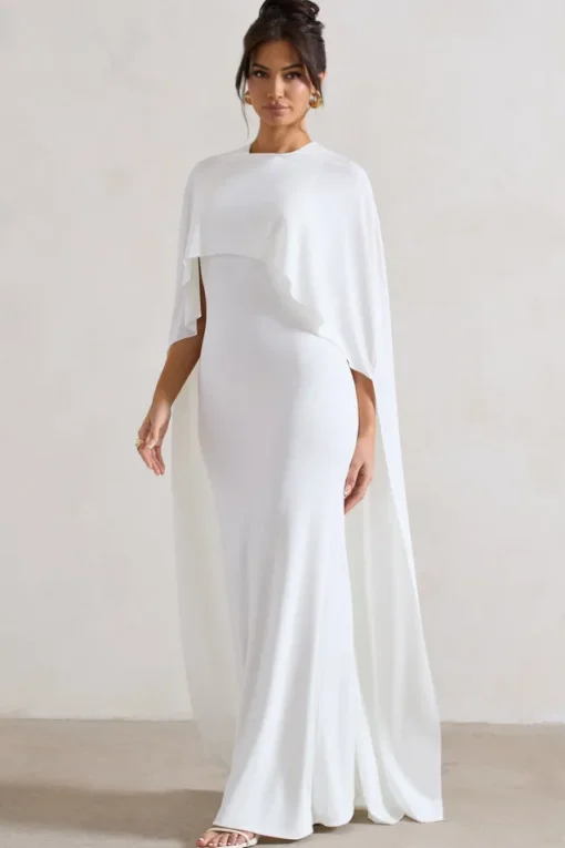 Padma | White Draped Maxi Dress With Cape Sleeves