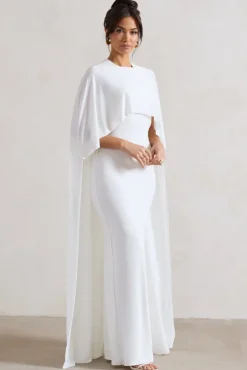 Padma | White Draped Maxi Dress With Cape Sleeves