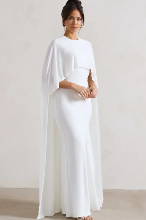 Padma | White Draped Maxi Dress With Cape Sleeves
