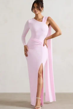 Padua | Pink Asymmetric One-Sleeve Wrap Maxi Dress With Sash
