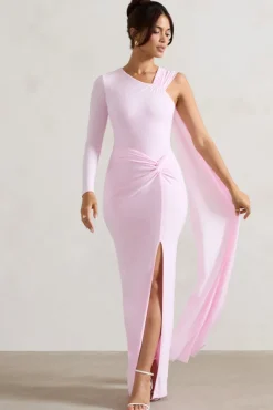 Padua | Pink Asymmetric One-Sleeve Wrap Maxi Dress With Sash