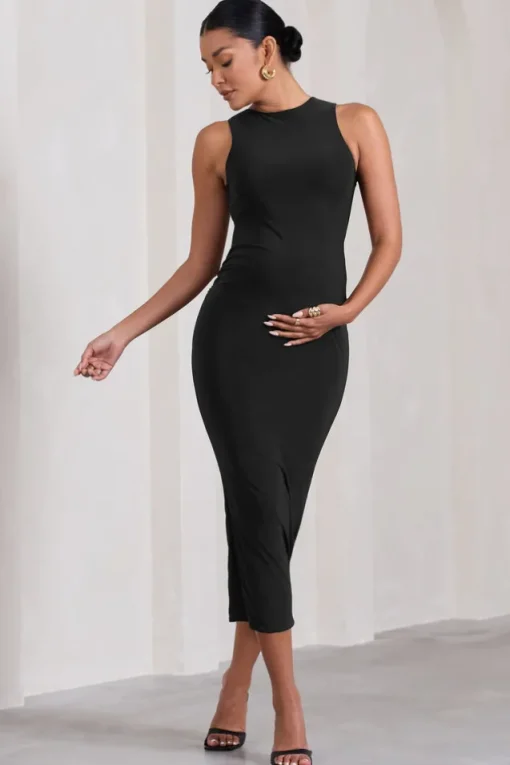 Paige | Black Sleeveless Split Maternity Midi Dress