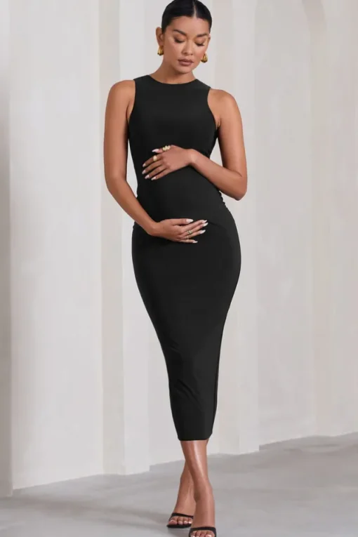 Paige | Black Sleeveless Split Maternity Midi Dress