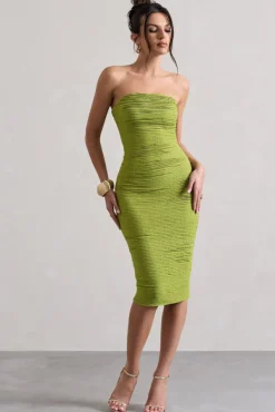 Palau | Olive Green Crochet Bandeau Midi Dress
