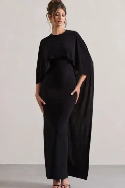 Palena | Black Draped Maxi Dress With Cape Sleeves