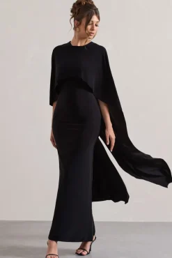 Palena | Black Draped Maxi Dress With Cape Sleeves