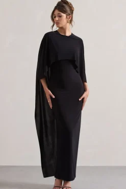 Palena | Black Draped Maxi Dress With Cape Sleeves
